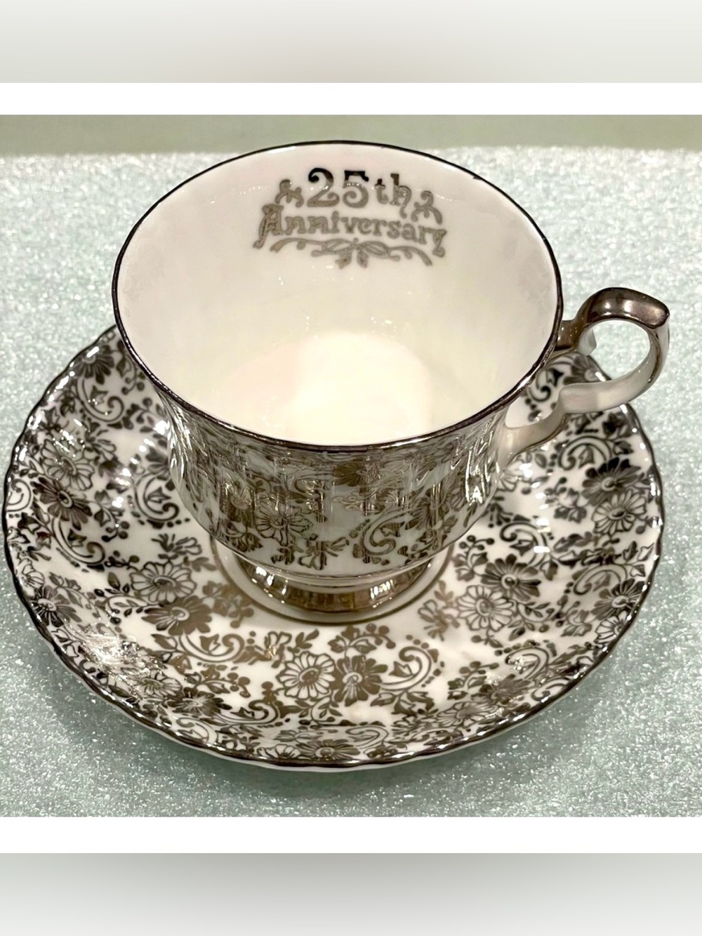 Royal Windsor Silver 25th Anniversary Teacup & Saucer | B&W Floral | Silver Trim